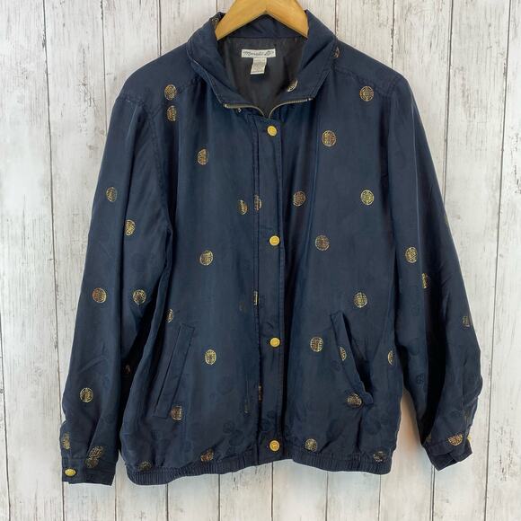 VTG Mureli Women's Black Gold Printed Silk Bomber Windbreaker Jacket Size Large - Picture 1 of 12